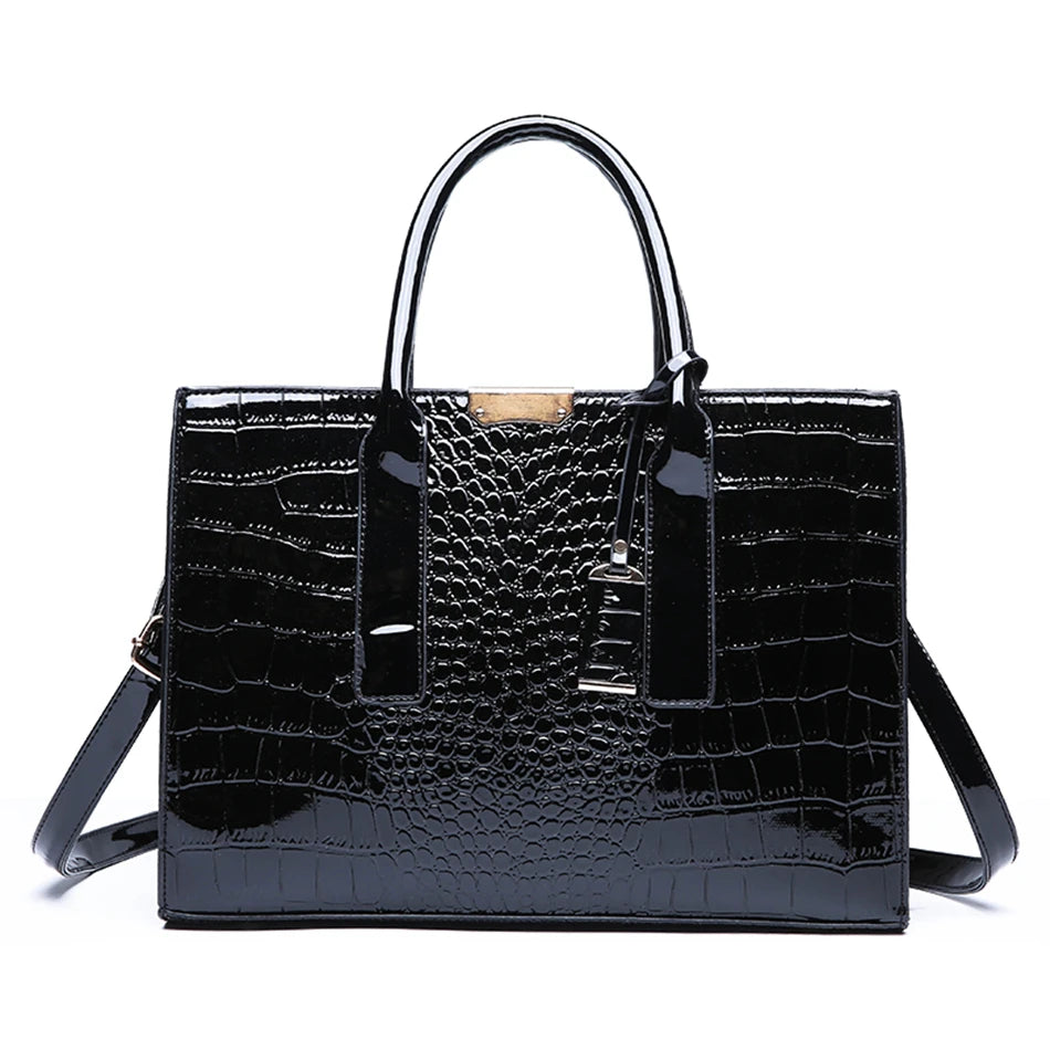 Casual Tote Sac Vintage Crocodile Pattern Patent Leather Luxury Handbags Brand Designer Large Capacity Shoulder Messenger Bag Black