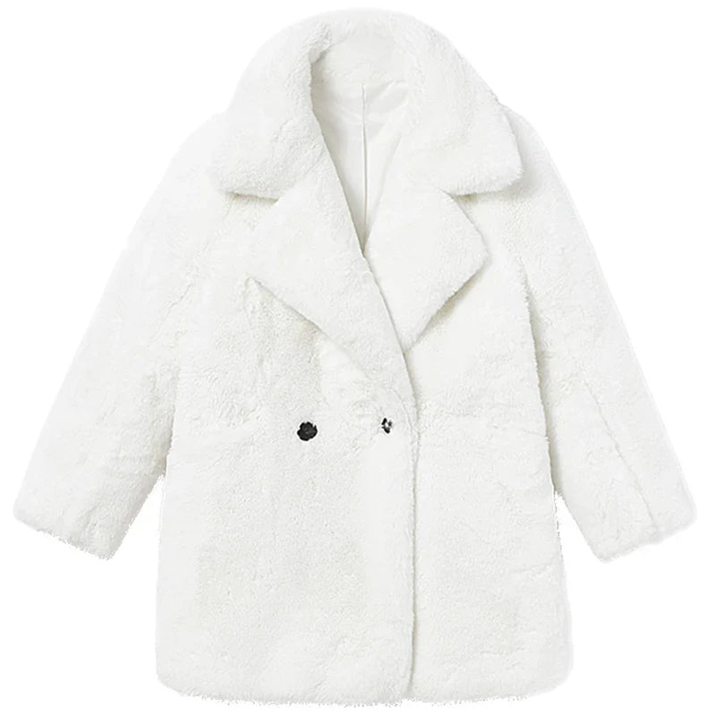 Winter Warm White Faux Fur Coat Women Long Sleeve Lapel Double Breasted Luxury Elegant Fluffy Fake Rabbit Fur Blazers