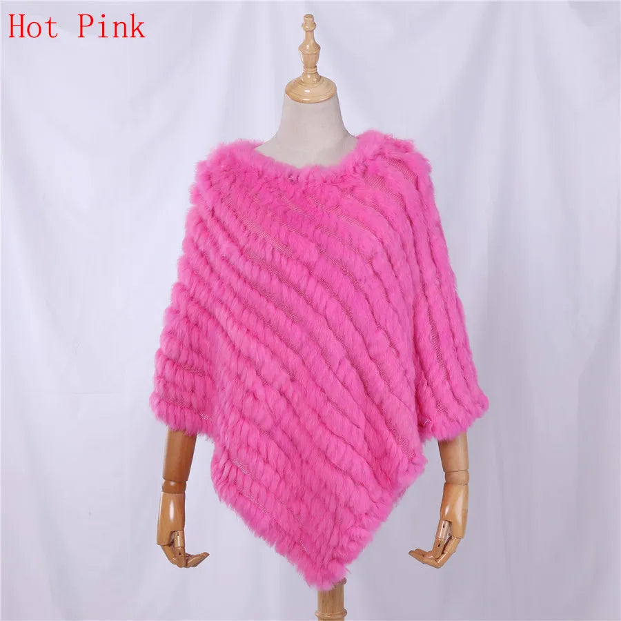 Rabbit Fur Knitted Natural Fur Poncho Fashion Wrap Coat Shawl Lady Scarf Natural Fur Wedding Party Wholesale Cape Hot Pink
