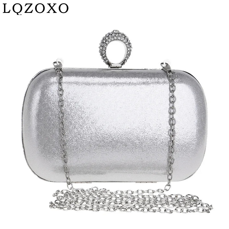 Fashion Finger Ring Women Metal Clutch Bags Diamonds Satin Chain Shoulder Rhinestones Party Handbags Retro Golden Purse