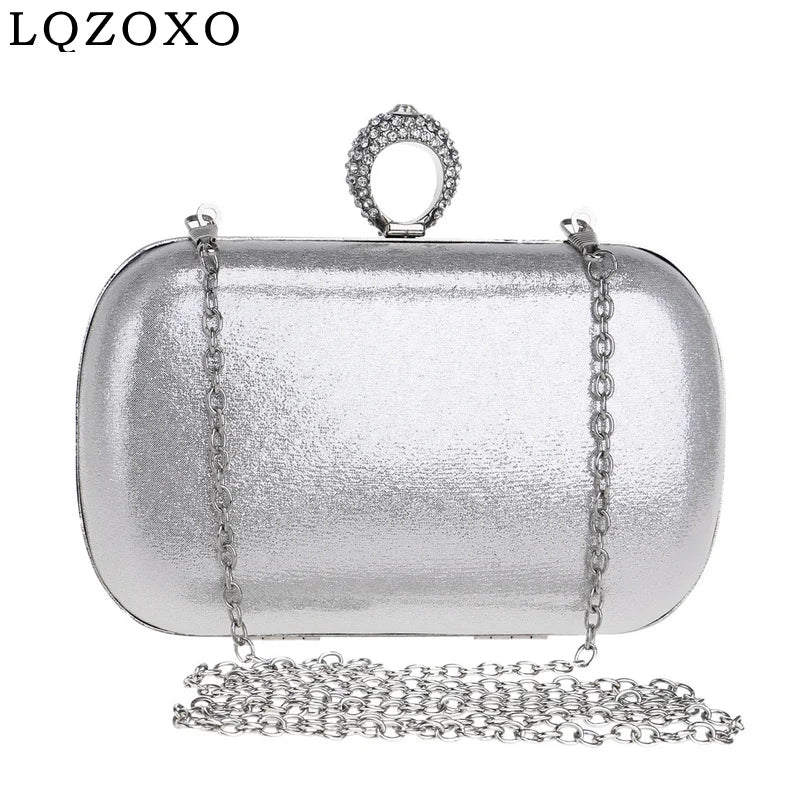 Fashion Finger Ring Women Metal Clutch Bags Diamonds Satin Chain Shoulder Rhinestones Party Handbags Retro Golden Purse