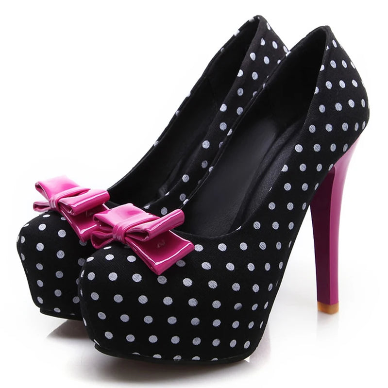 Sapatos femininos de salto alto com laço fofo e bolinhas, bico redondo e salto fino, tamanhos grandes, primavera/outono 2021