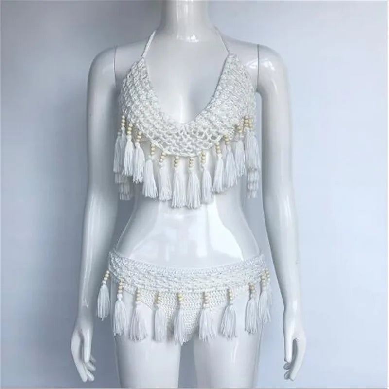 Sexy Crochet Bikinis Set Women Handmade Beading Tassel Knitting Bathing Suit Swimsuit 2021 New Micro Swimwear Summer Beachwear 12 Cotton