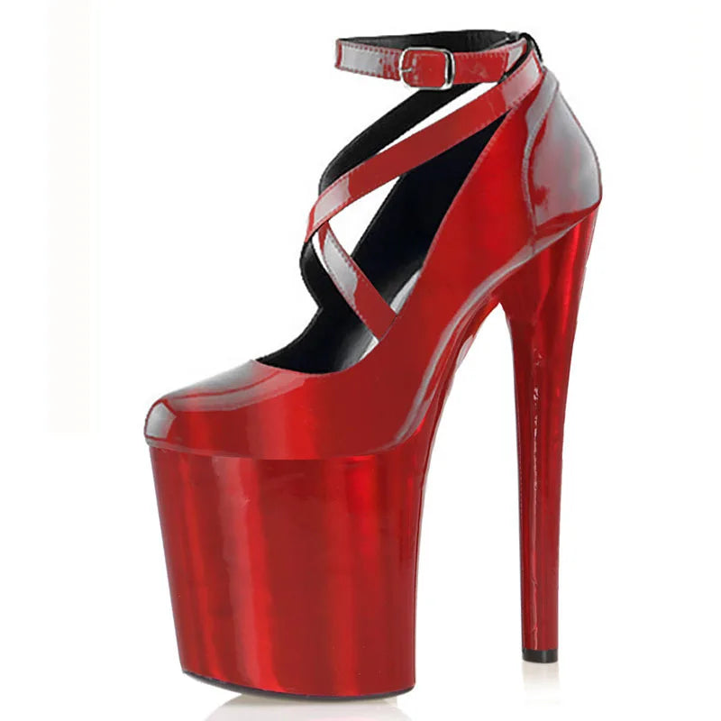 Hot Red Party Dress Shallow Women's Pumps 20CM Super High heeled shoes Sexy Fetish 8 inches Buckle strap Laser Patent leather 2