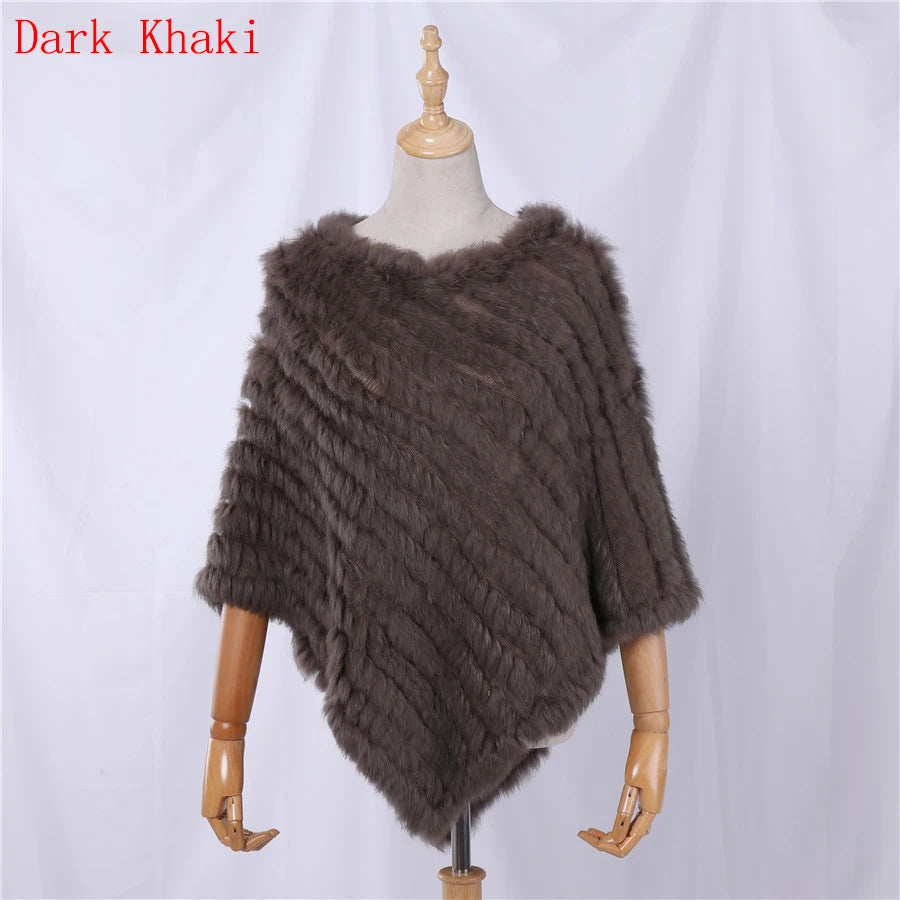 Rabbit Fur Knitted Natural Fur Poncho Fashion Wrap Coat Shawl Lady Scarf Natural Fur Wedding Party Wholesale Cape Dark Khaki