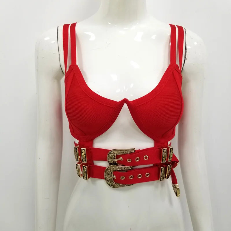 Celebridade Preto Vermelho Branco Sem Mangas Botão Curto Bandagem Top Bodycon Sexy Top Wear