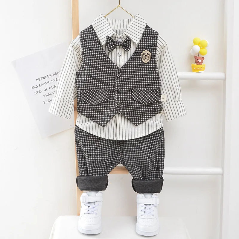 Children Kids Gentleman Clothing Suit Birthday Wedding Party Elegant Set Baby Boy Casual Wear Striped Shirt Vest Pants Costume Black