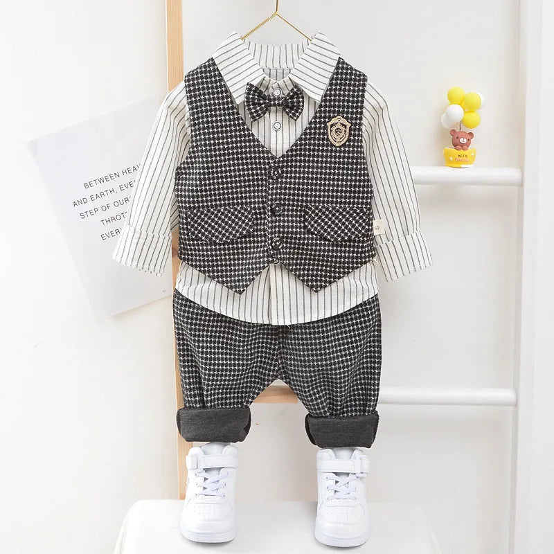 Children Kids Gentleman Clothing Suit Birthday Wedding Party Elegant Set Baby Boy Casual Wear Striped Shirt Vest Pants Costume Black