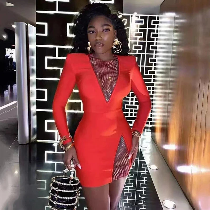 Winter Women Black Beading Long Sleeve Rayon Bandage Sexy Hollow Out Mini Club Celebrity Runway Party Dress