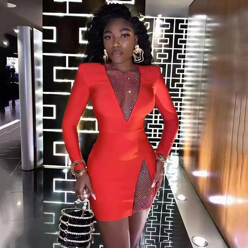 Winter Women Black Beading Long Sleeve Rayon Bandage Sexy Hollow Out Mini Club Celebrity Runway Party Dress