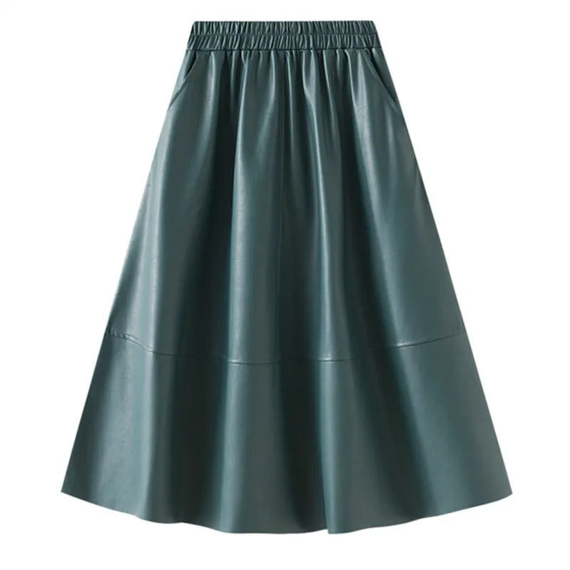 Neophil Korean Style Latex Sarong Women Winter Skirts Solid Retro Pu Faux Leather Umbrella Pockets Gray Midi Skirt S211101 lake blue One Size