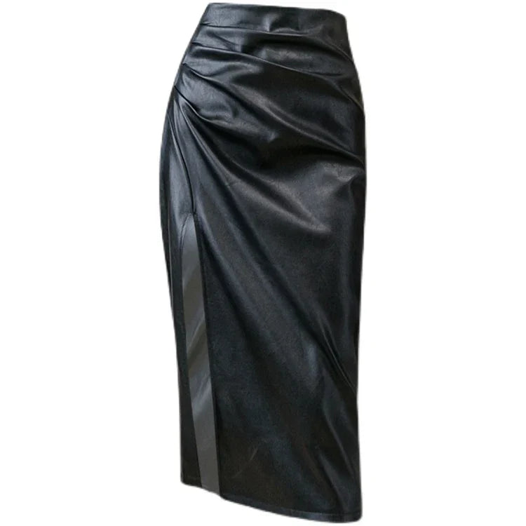 Black PU Leather Skirt Women 2021 Spring Autumn Midi Sexy High Waist Bodycon Split Skirts Office Pencil Skirt Knee Length Saia 2164 black