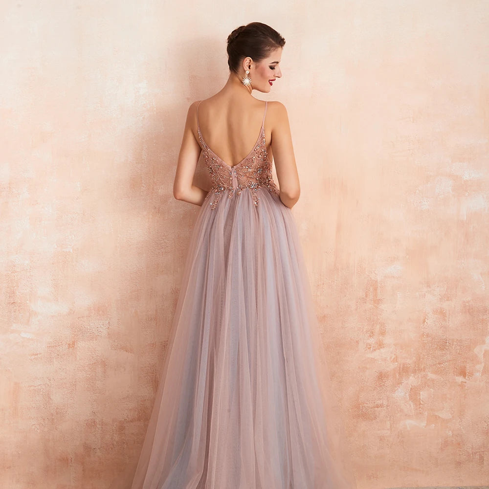 Sexy Spaghetti Straps Evening Dresses V-Neck Rhinestones Beading Formal Prom Gowns with Slit robe de soiree