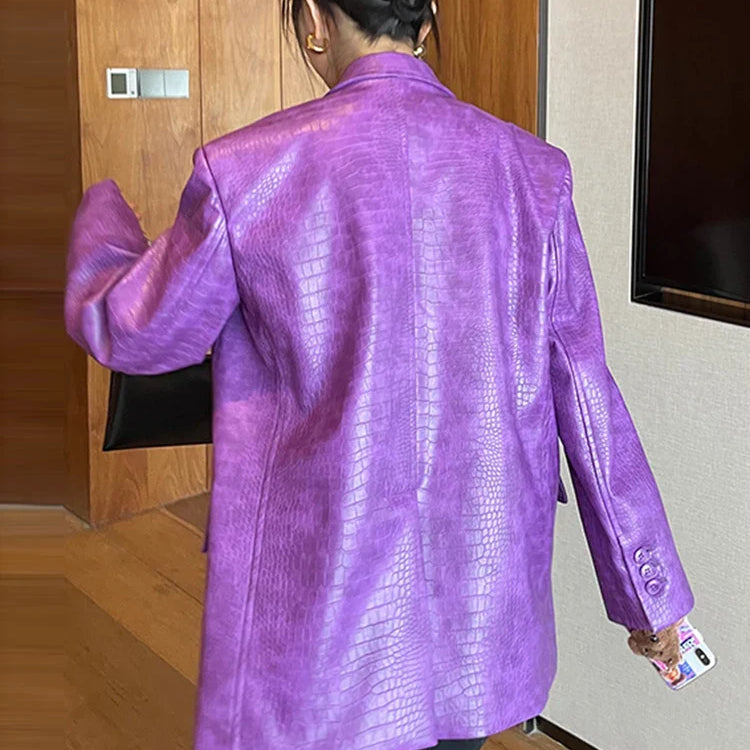 Autumn Oversized Shiny Purple Crocodile Pattern Faux Leather Blazer Women Long Sleeve Double Breasted Y2K Jacket Fashion