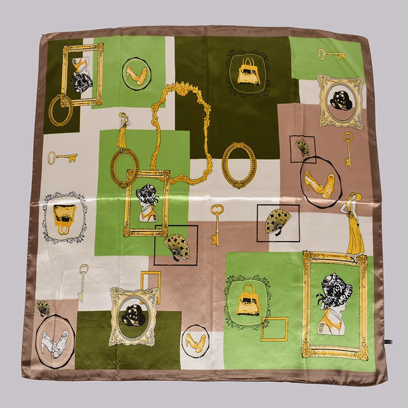 Ladies Green Coffee Square Scarves Printed Women Elegant Satin Large Silk Scarf Shawl 90*90cm Winter Neck Head Scarf