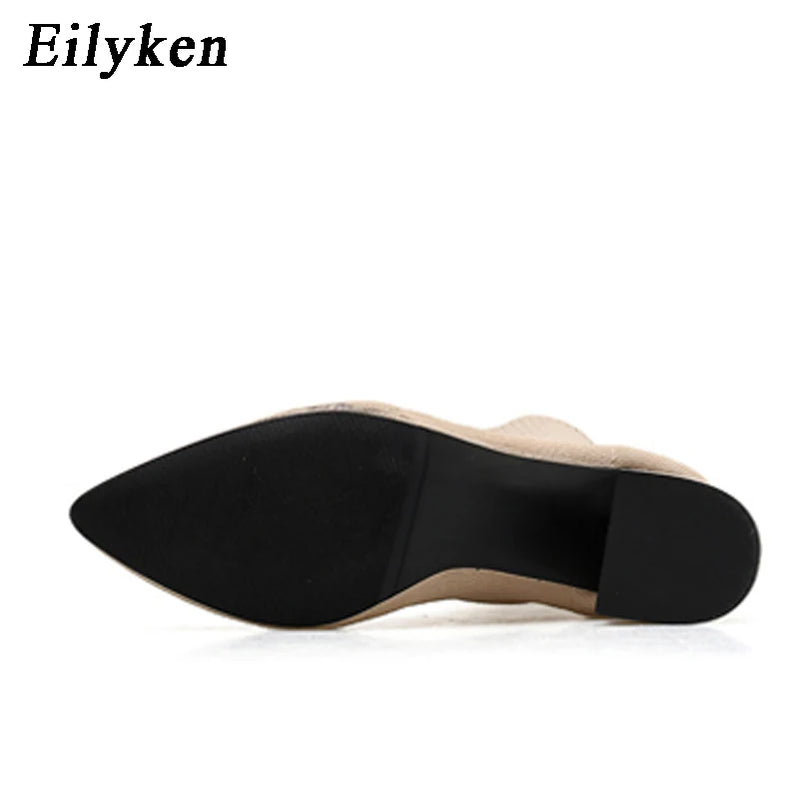 Fashion Knitted Stretch Fabric Sewing Women Ankle Boots Square Heels Winter Pointed Toe Ladies Sock Booties
