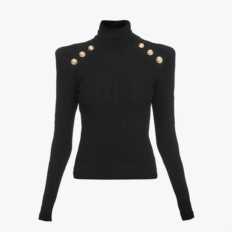 Classic Turtlenecks Pullovers Long Sleeve Gold Buckle Sweater Women Winter Fall Casual Elasticity Knitting Top