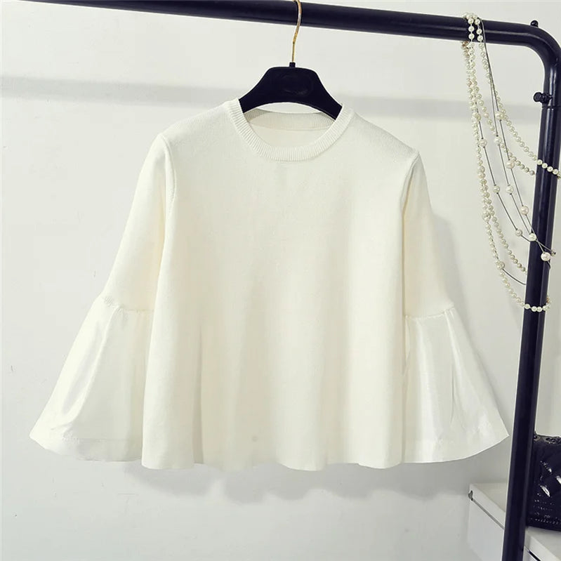 spring cute loose sweater womens fashion korean knitted shirts flare sleeve striped stitch pullovers women tops blusa pull white One Size