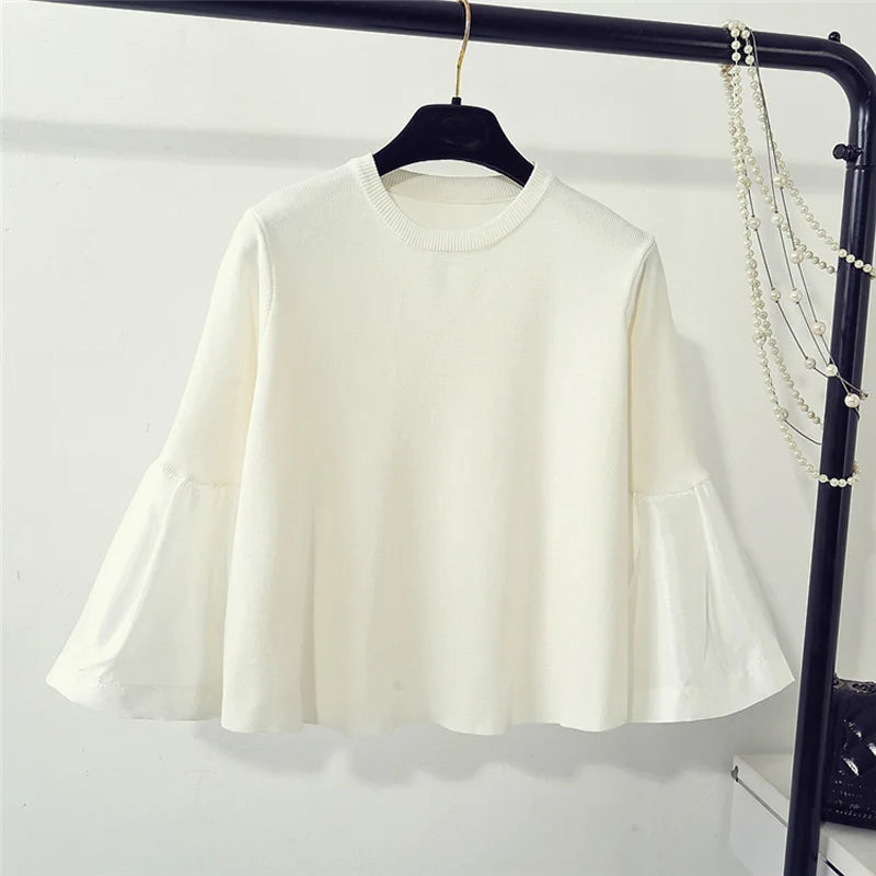 spring cute loose sweater womens fashion korean knitted shirts flare sleeve striped stitch pullovers women tops blusa pull white One Size
