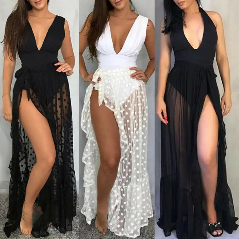 2021 New Hot Summer Women's Mesh Sheer Polka Dot Long Split Skirts Sexy Beach Sunscreen Bikini Cover Up Wrap Skirt
