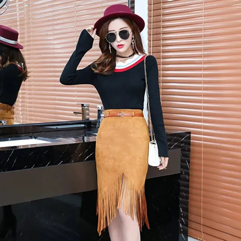 Multi Color Suede Sexy Midi Pencil Skirt Women Fashion High Waist Office Lady Bodycon Tassel Skirts With Belt