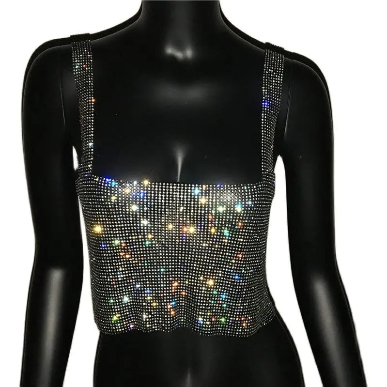 Glitter Nightclub Backless Rhinestone Tank Top Women Sexy Metal Crystal Diamonds Sequined Night Club Party Wear Crop Top
