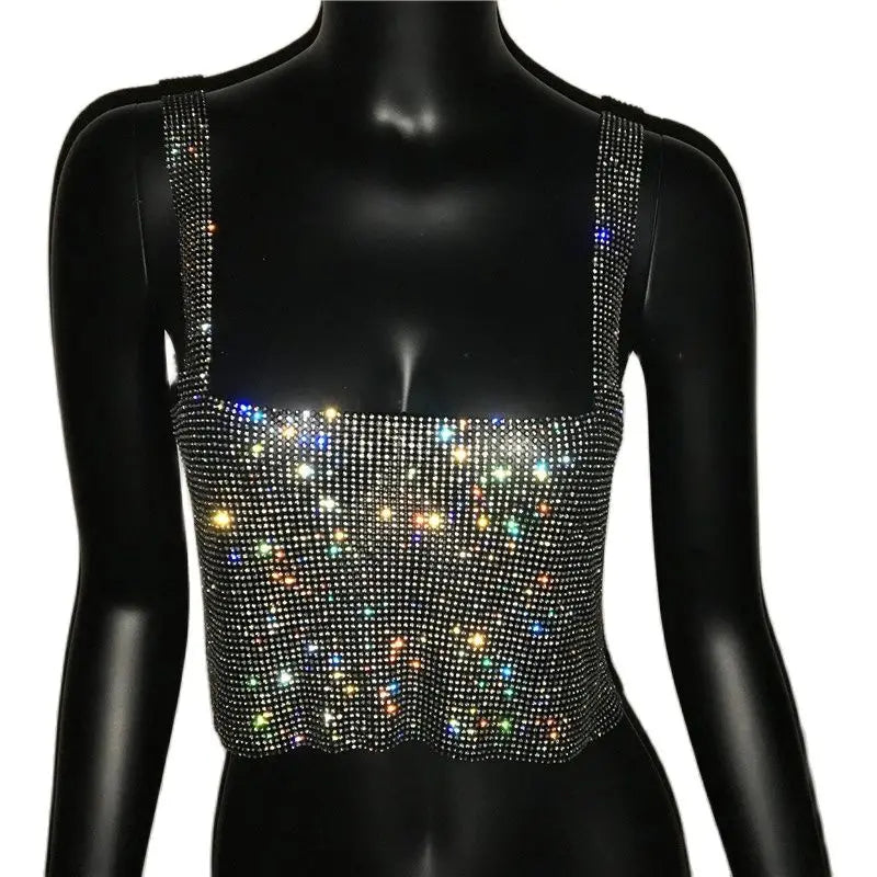 Glitter Nightclub Backless Rhinestone Tank Top Women Sexy Metal Crystal Diamonds Sequined Night Club Party Wear Crop Top