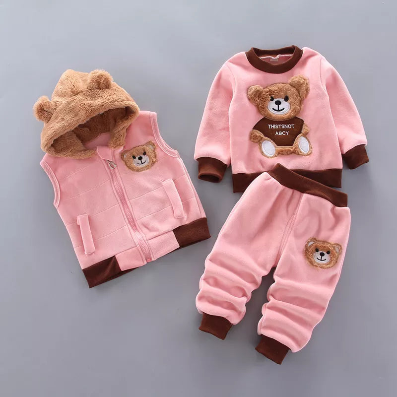 Baby Boys And Girls Clothing Set Tricken Fleece Children Hooded Outerwear Tops Pants 3PCS Outfits Kids Toddler Warm Costume Suit Pink 1
