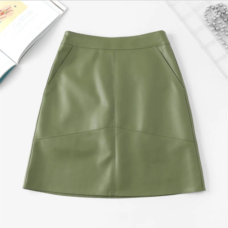 Autumn New Fashion Elegant Women Pu Leather Skirt Casual High Waist Mini Skirt Ladies A-Line Short Skirts Black Gray Green
