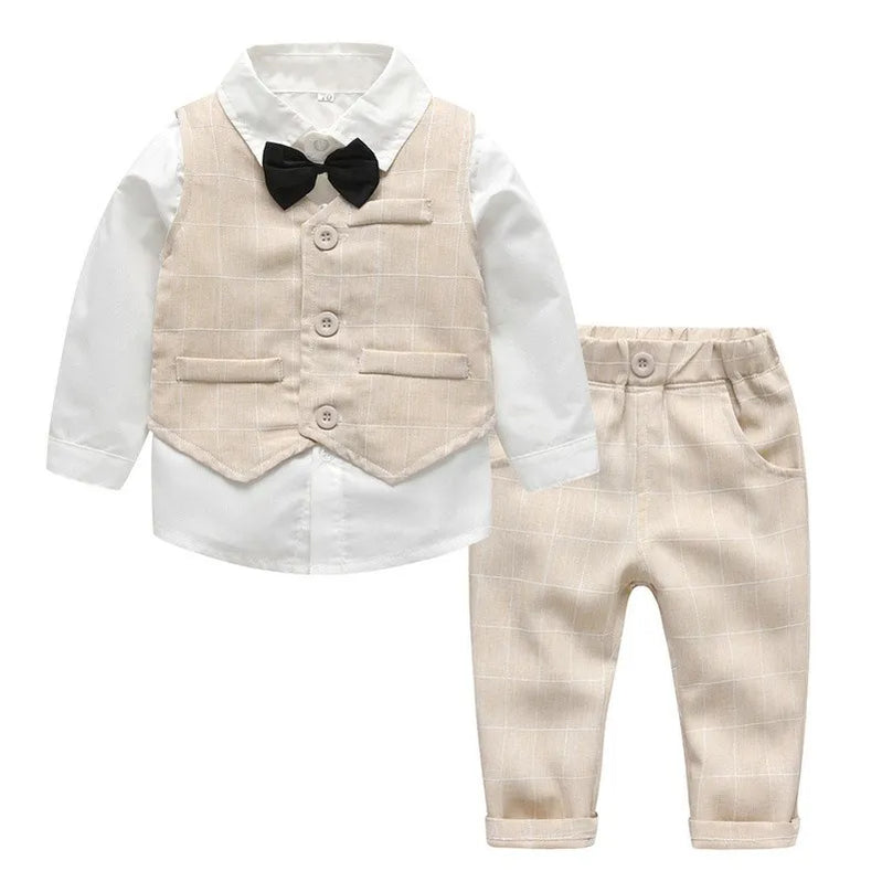 Top and Top Spring&Autumn Baby Boy Gentleman Suit White Shirt with Bow Tie+Striped Vest+Trousers 3Pcs Formal Kids Clothes Set Beige