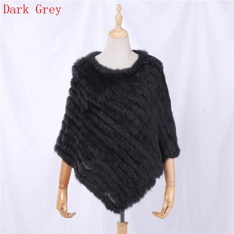 Rabbit Fur Knitted Natural Fur Poncho Fashion Wrap Coat Shawl Lady Scarf Natural Fur Wedding Party Wholesale Cape Dark Grey