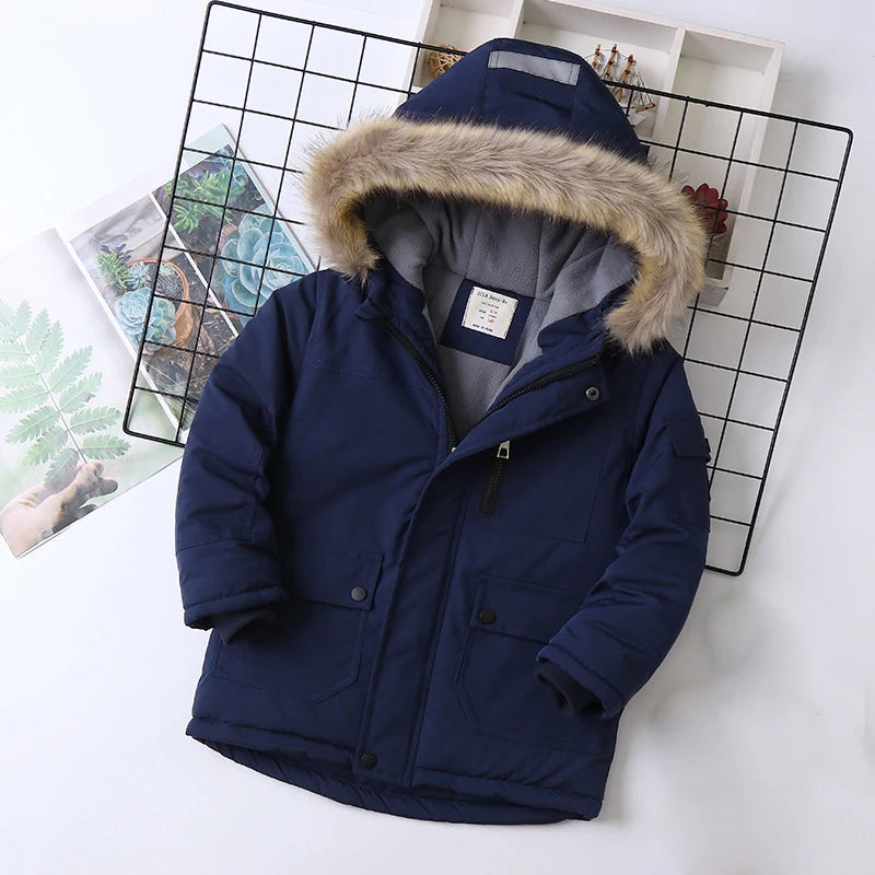 Boys Coats Autumn Winter Fashion Hooded Fur Children's Plus Velvet Warming Cotton Outerwear For Kids Jacket 5-14 Years Navy blue