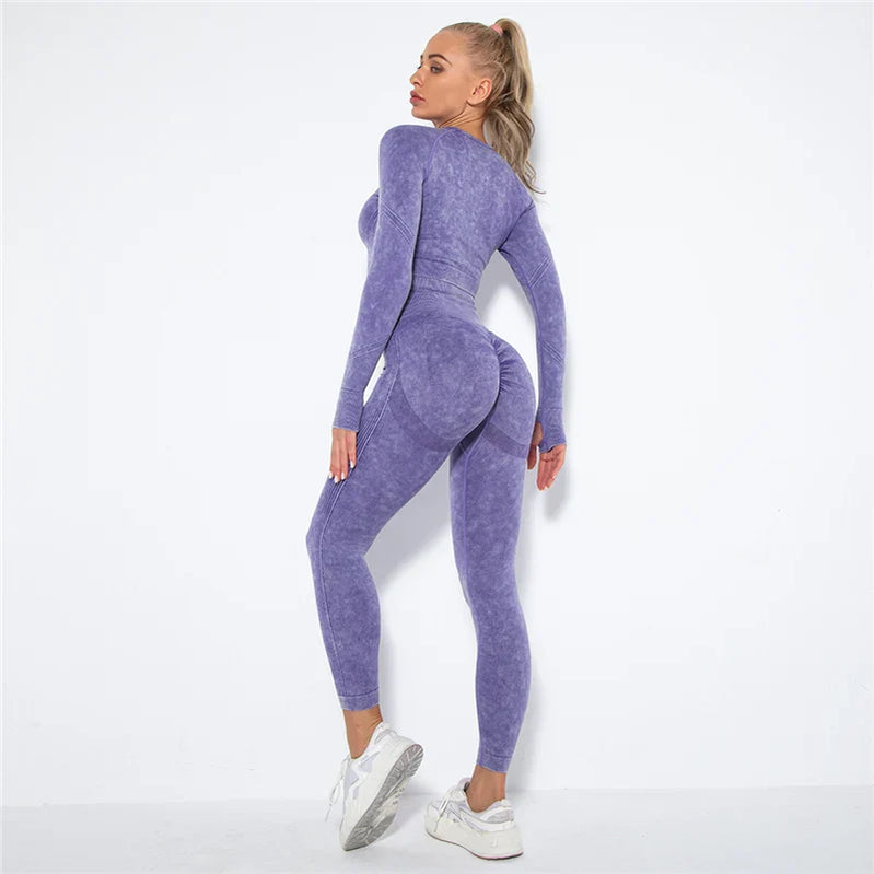 Women Seamless Yoga Set Fitness Sports Suits Gym Clothing Long Sleeve Crop Top Shirts High Waist Running Leggings Workout Pants Purple 2pcs