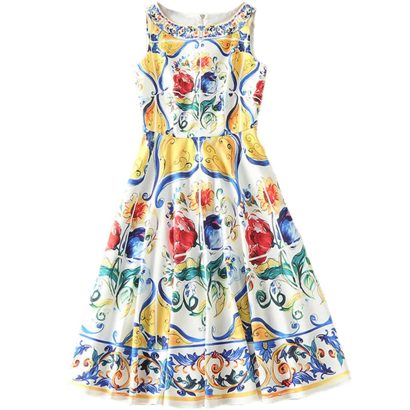 Luxury Designer Fashion Women's Midi Dress WIth Multicolor Floral Print Summer Clothing for Holiday Party Vacation 2024