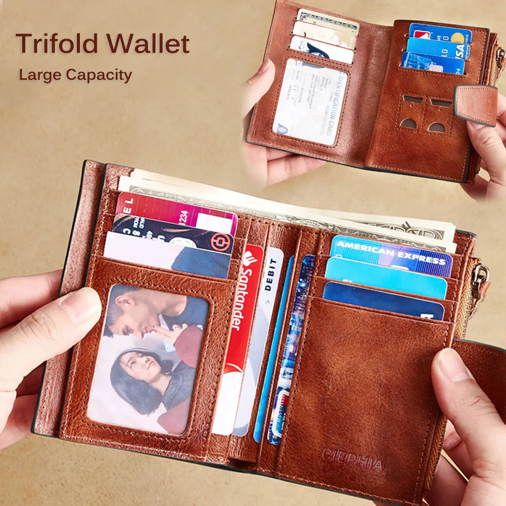 Men's Leather Wallet Vintage Short Multi Function Business Card Holder RFID Blocking Zipper Coin Pocket Money Clip