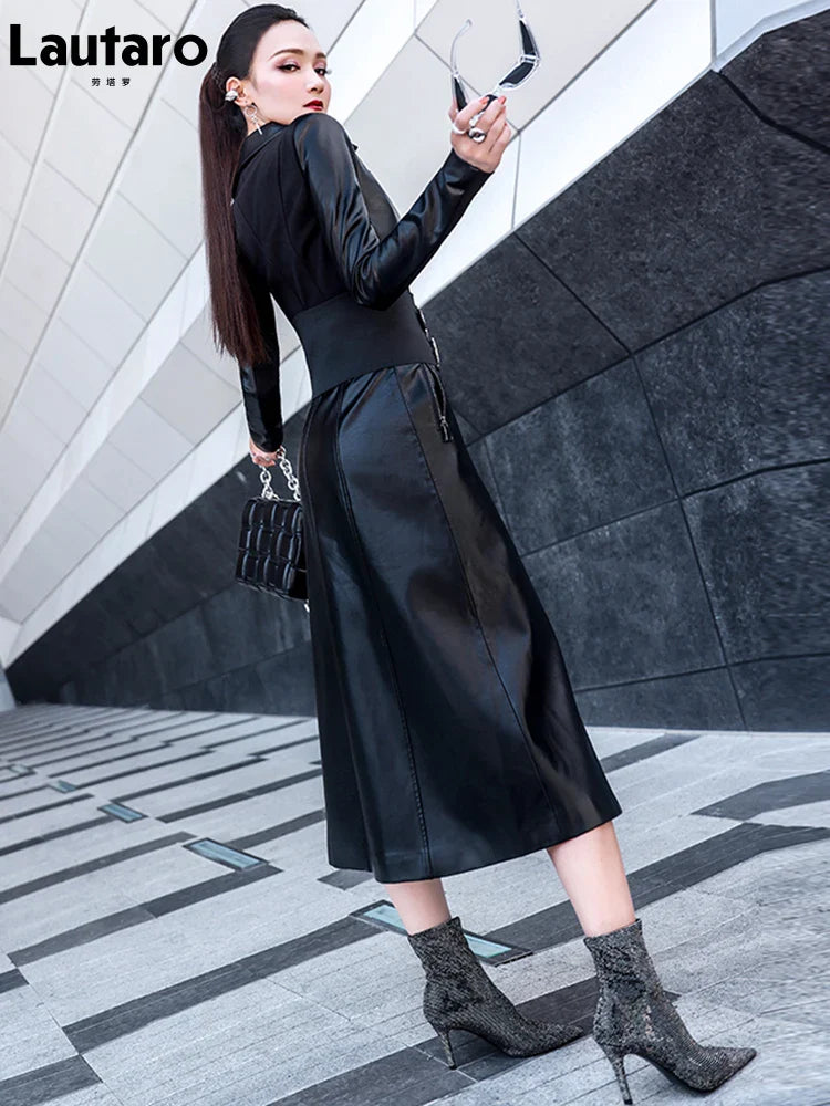 Spring black maxi leather dress women long sleeve zipper corset Long tight dress Faux Leather dresses for women 2022