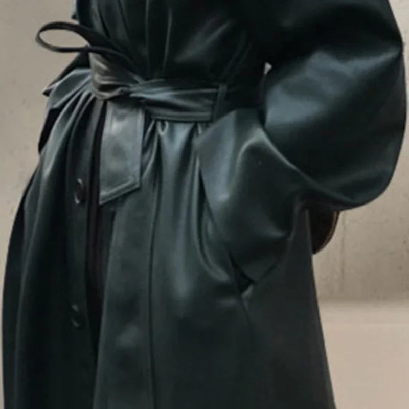 Autumn Long Black Cool PU Leather Trench Coat for Women Belt Single Breasted Loose Korean Fashion Wholesale Clothes 2022