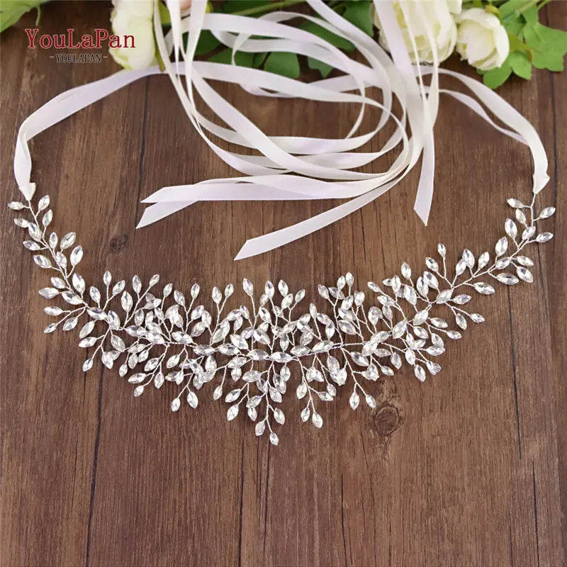 YouLaPan Fast Shipping Wedding Dress Belt Bridal's Belt Rhinestone Belt Wedding Bridal Sash Belt Silver Crystal Belt SH237 Off-White ribbon
