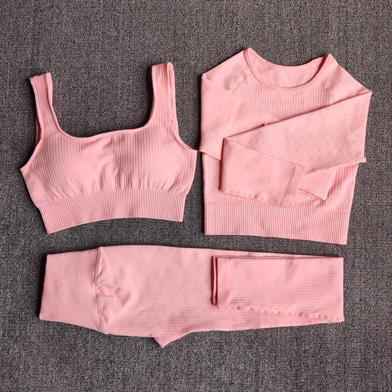 Women's Sportswear Yoga Set Workout Clothes Athletic Wear Sports Gym Legging Seamless Fitness Bra Crop Top Long Sleeve Yoga Suit 3PcsOrange
