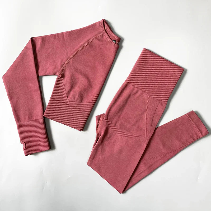 2/3/4PCS Seamless Women Yoga Set Workout Sportswear Gym Clothes Fitness Long Sleeve Crop Top High Waist Leggings Sports Suit Shirts Pants Red