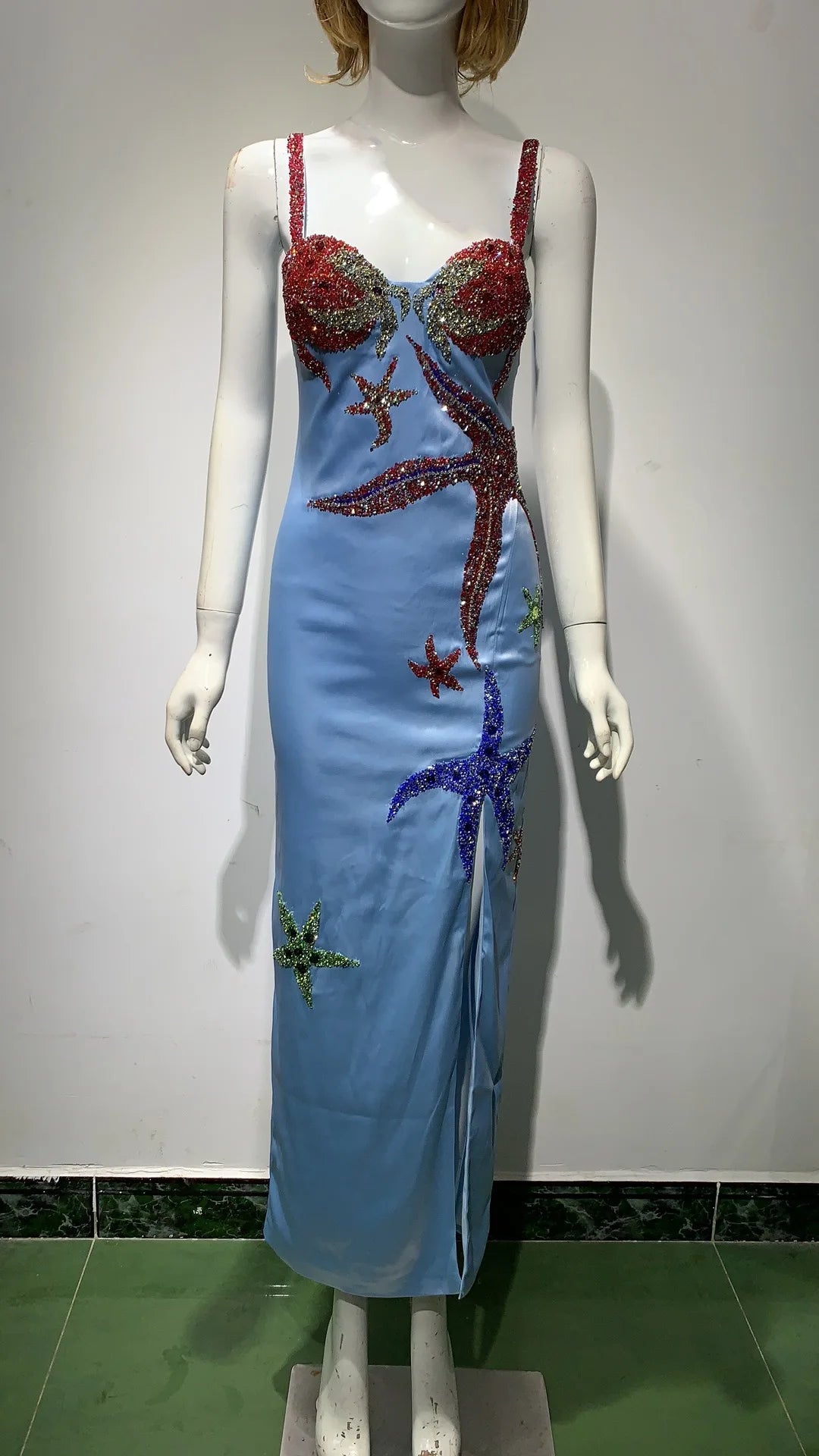 Vestido de festa de celebridade com lantejoulas azuis, estrela, slim, sexy, alças finas, babados, boate, designer