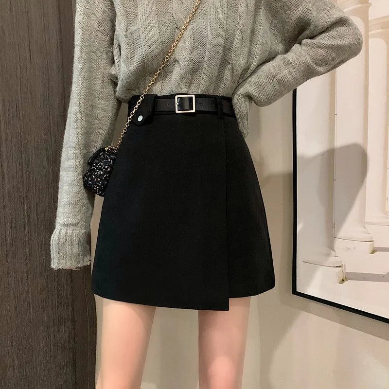 With Belt Autumn and Winter High Waist A- line Skirt Black Skirt for Women Woman Skirts Faldas Jupe black