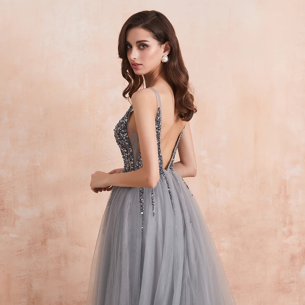 Sexy V-Neck Long Prom Dresses Beaded Beading Crystal High Splits Backless A-Line Formal Gown Party Dress
