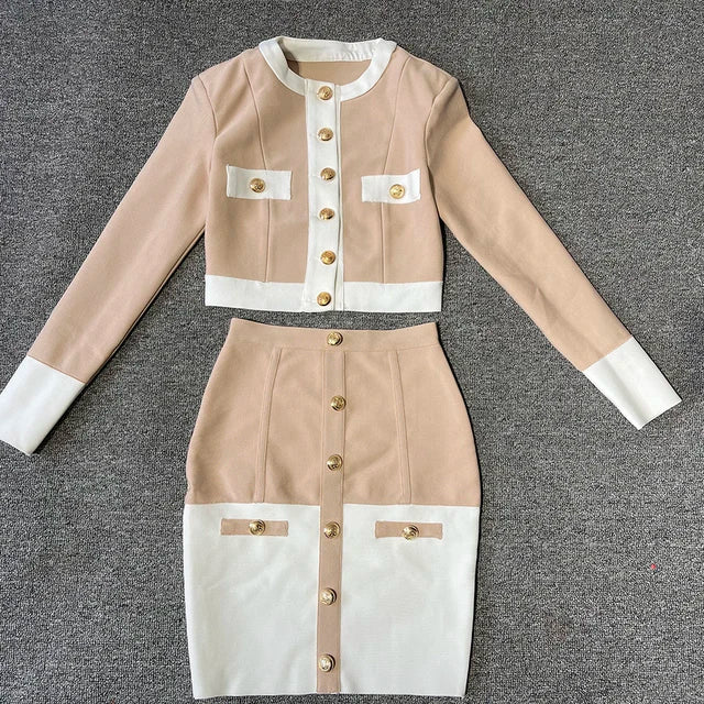 2024 New Patchwork Black White O Neck Long Sleeves With Pockets Buttons Two Pieces Bandage Skirt Women Set