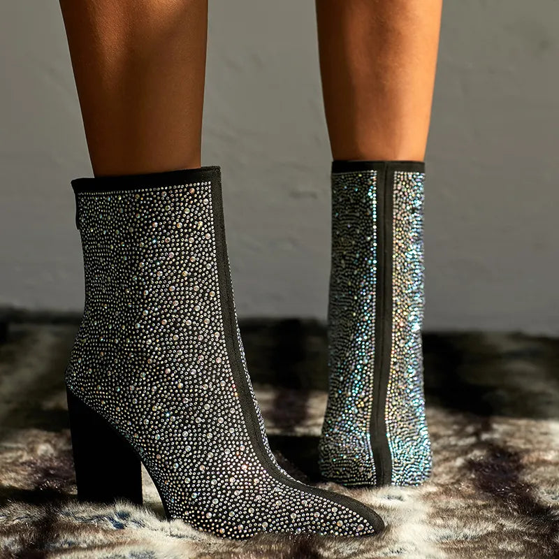 Women Crystal Ankle Boots Sexy 11cm High Heels Diamond Lady Chunky Boots Short Fall Fetish Stripper Booties Colorful Shoes
