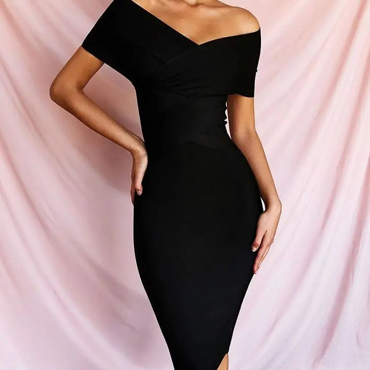 Summer Women Bodycon Sexy Off The Shoulder Rayon Bandage Dress Club Dress Midi Celebrity Party Dress