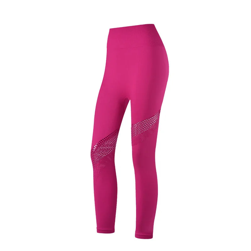 Seamless Yoga Set Sport Outfits Women 2pcs Two Piece Hollow Long Sleeve Crop top Leggings Workout Wear Gym Suit Fitness Sets Rose Red Legging