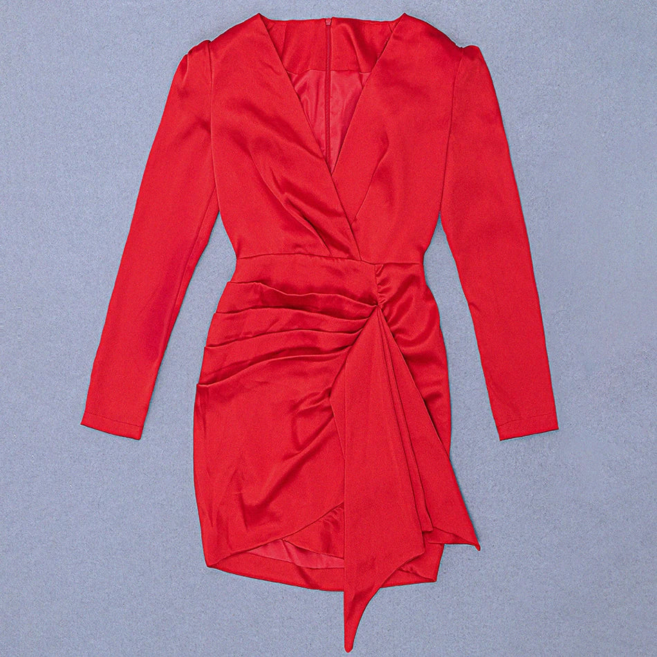 Sexy Red Satin Dress 2025 New Women's Deep V Neck Puff Sleeve Bodycon Draped Dress Club Night Party Mini Vestidos