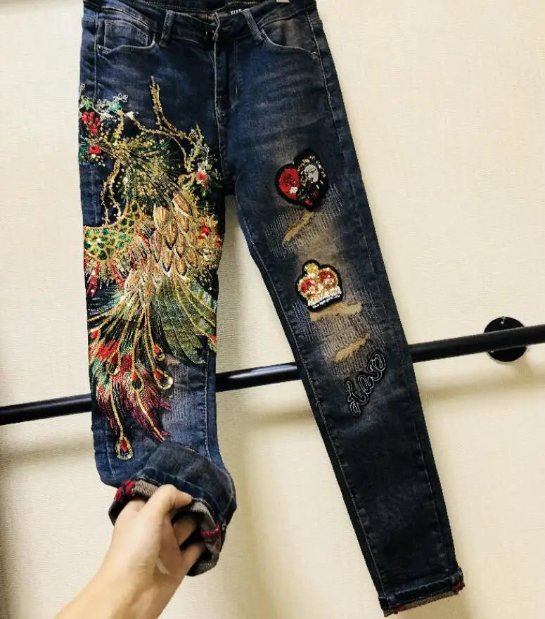 Women's Korean Fashion high waist phoenix embroidery Jeans Female Sexy Jeans Plus Size slim denim pants TB509