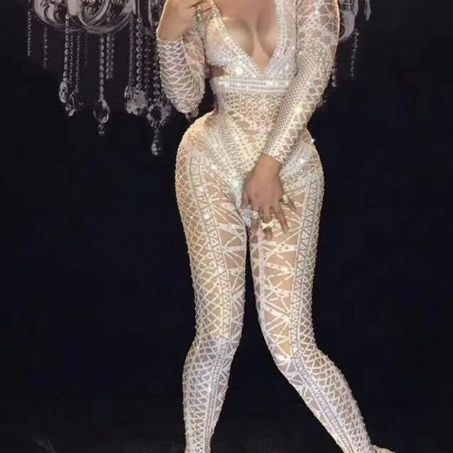 Sexy Stage White Jumpsuit Costume One-piece Nightclub Dance Outfit Party Wear Singer Stage Performance gogo singer Clothes